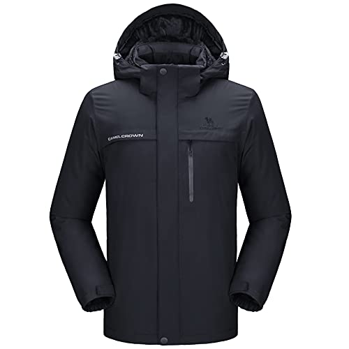 CAMEL CROWN Men's Mountain Snow Waterproof Ski Jacket Detachable Hood Windproof Fleece Parka Rain Jacket Winter Coat Dark Black X-Large