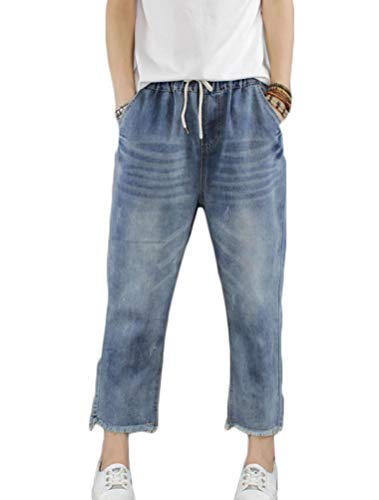 FTCayanz Women's Elastic Waist Cropped Jeans Baggy Drawstring Stretch Denim Pants with Pockets Style 2 XL