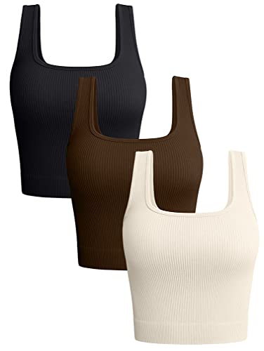 OQQ Women's 3 Piece Tank Tops Ribbed Seamless Workout Exercise Shirts Yoga Crop Tops Black Coffee Beige