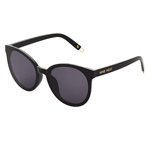 Nine West Women's Sima Round Sunglasses, Shiny Black, 63 mm