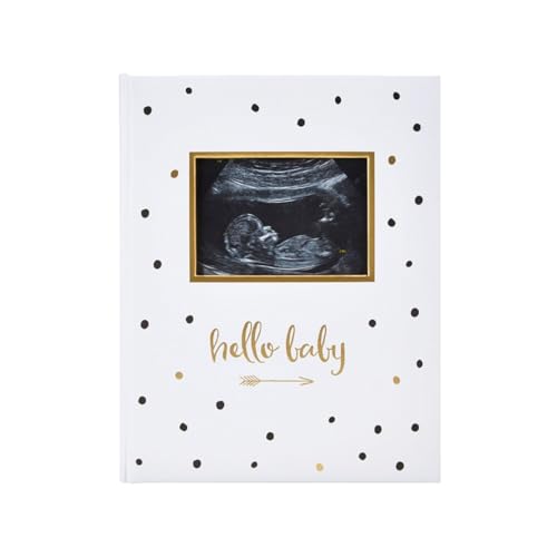 Pearhead Hello Baby First 5 Years Memory Book, Gender-Neutral Baby Keepsake for New and Expectant Parents, Pregnancy And Milestone Journal, Modern Minimalist Black and Gold Polka Dot