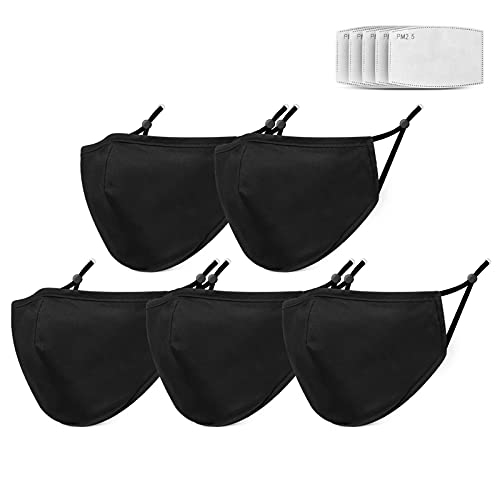 psisol Black Face Mask Reusable Face Masks Washable with Filters Breathable Washable Adult Face Mask with Soft Elastic Earloop Protection Cover Mouth & Nose Dust Mask 5 Pack