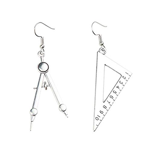 YINLIN Creative Asymmetrical Math Compass Ruler Dangle Earring For Students Jewelry(Silver)