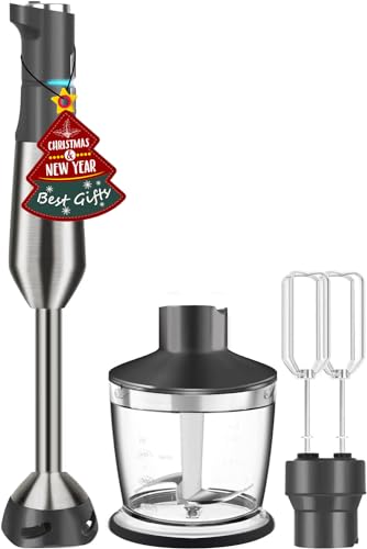Gavasto Immersion Blender 800 Watts Scratch Resistant Hand Blender,15 Speed and Turbo Mode Hand Mixer, Heavy Duty Copper Motor Stainless Steel Smart Stick with Egg Beaters and Chopper/Food Processor