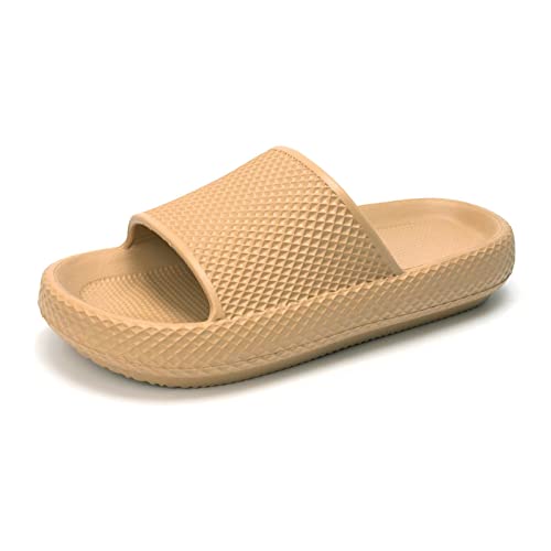 FUNKYMONKEY Pillow Slides for Women Quick Drying Non-Slip Bathroom Shower Sandals (7 M US, Milk-Tea Color/FYD)