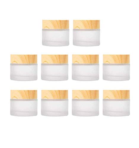 Healthcom 10 Pcs 5 Grams/5 ML Empty Frosted Glass Cream Jars Bottle Vials with Wood Grain Lid Lotion Jars Cosmetic Comtainers Refillable Glass Cream Box Jar Pot for Makeup Lotion Lip Balm Eye Cream