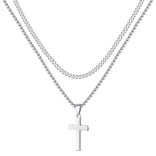 Silver Cross Chain Necklaces for Men, Stainless Steel Cuban Link Cross Necklace Silver Chain Cross Pendant Necklace for Men Women Boys Simple Jewelry 18 Inches