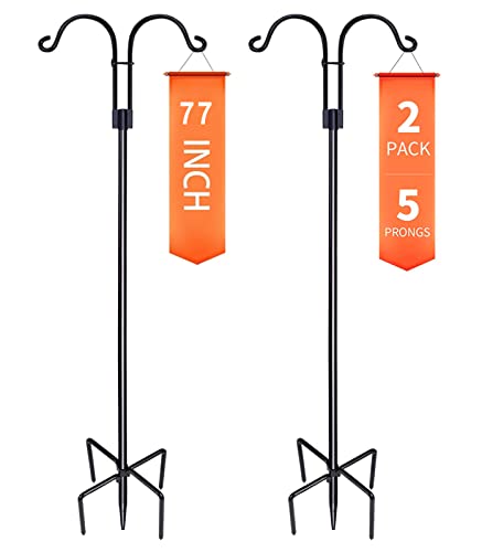 XDW-GIFTS Double Shepherds Hooks for Outdoor, 2-Pack Heavy Duty Garden Pole for Hanging Bird Feeder, Plant Baskets, Solar Light Lanterns, Garden Plant Hanger Stands with 5 Base Prongs