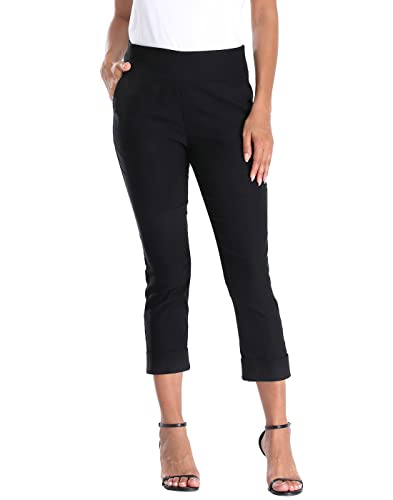 HDE Pull On Capri Pants for Women with Pockets Elastic Waist Cropped Pants Black - S
