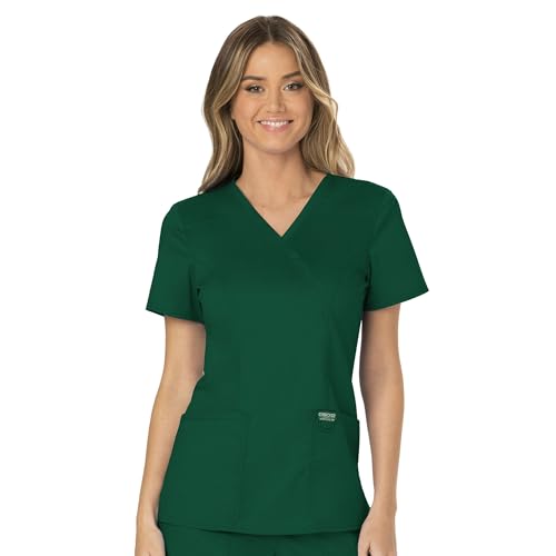 Cherokee Scrubs for Women Mock Wrap Top with 3 Pocket, Back Princess Seams WW610, M, Hunter Green