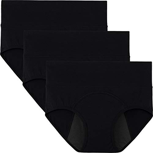 INNERSY Women's Period Underwear High Waisted Postpartum Menstrual Panties 3 Pack(Black with Dark Lining,Medium)