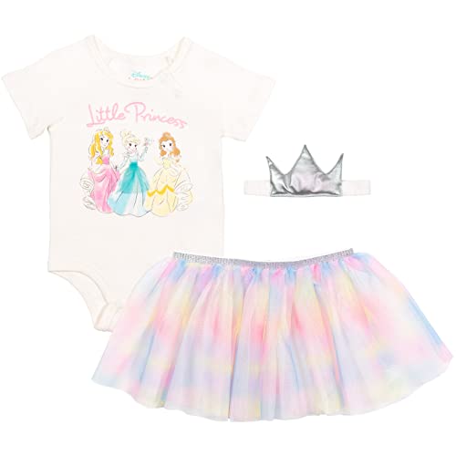 Disney Princess Aurora Cinderella Belle Infant Baby Girls 3 Piece Outfit Set: Bodysuit Tutu Headband White 3-6 Months