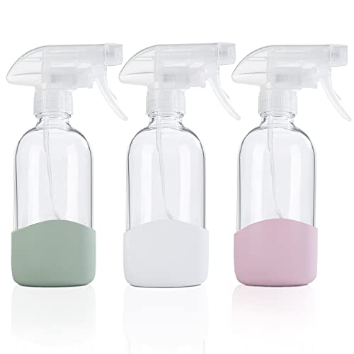 HOMBYS 8 Oz Empty Clear Glass Spray Bottles with Silicone Sleeve Protection Refillable Containers for Cleaning Solutions, Essential Oils, Misting Plants - Quality Sprayer - 3 Pack Boston Bottles