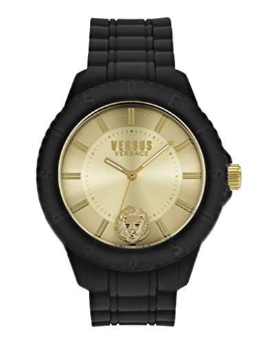 Versus Versace Tokyo Silicone Lion Collection Luxury Mens Watch Timepiece with a Black Strap Featuring a Black Case and Gold with IP Yellow Gold Details Dial