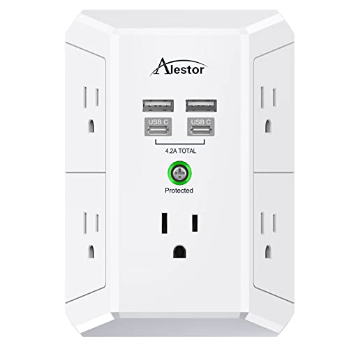 Multi Plug Outlet Extender - ALESTOR 3 Sided Surge Protector Power Strip Wall Adapter Spaced with 5-Outlet Splitter and 4 USB Ports(2 USB C Ports) for Home, Office, ETL Listed, White