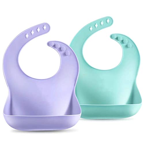 Set of 2 Colors Clear Cute Clear Silicone Baby Bibs for Babies & Toddlers (10-72 Months) by Panda Ear-Waterproof, Soft, Unisex, Non Messy - Light Blue/Purple