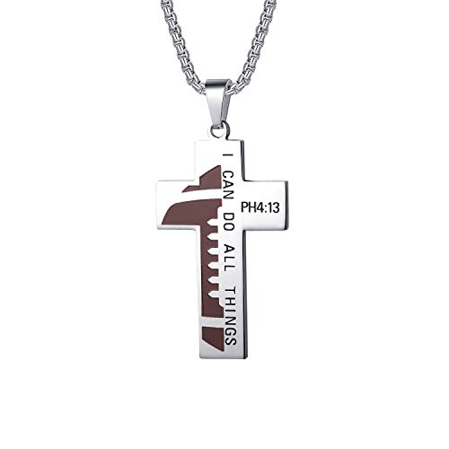 Susook Football Cross Necklace for Boys Bible Verse I CAN DO All Things Stainless Steel Sport Pendant for Men(Silver)