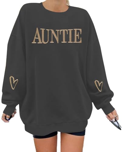 Women Aunt Sweatshirt Auntie Embroidered Sweatshirt Auntie Letter Print Long Sleeve Pullover Top for Aunt Gift Grey