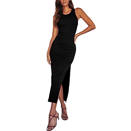Antopmen Women Round Racerback Sleeveless Ribbed Dress Side Slit Knit Bodycon Strecthy Midi Dress(X-Large, Black)