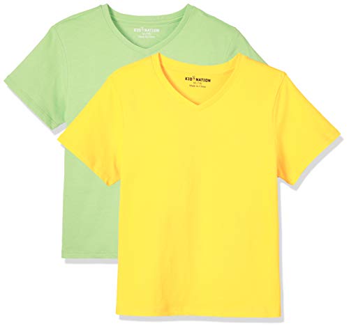 Kid Nation Kids Unisex 2 Packs 100% Cotton Tagless Short Sleeve V Neck T Shirts XL Yellow+Light Green