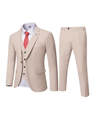 MYS Men's 3 Piece Slim Fit Suit Set, One Button Solid Jacket Vest Pants with Tie Beige