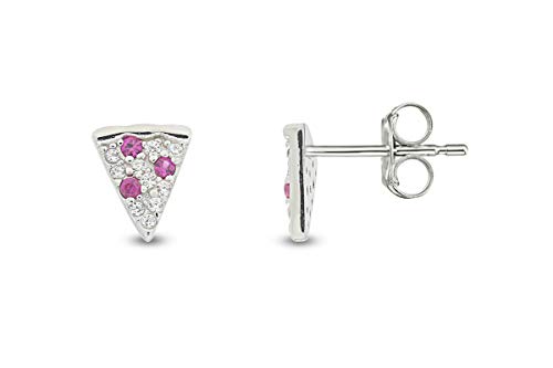 14k White Gold Plated 925 Sterling Silver Simulated Ruby & Cubic Zirconia Tiny Dainty Pizza Stud Earrings Jewelry Gift for womens