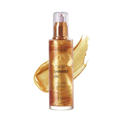 Liyalan Shimmer Body Oil Gold 5 Color Bronze Face Brighten Glow Pearl Highlighter Illuminator Body Makeup Shine Glitter Gold Liquid Taning(3.38 Fl Oz/#02)
