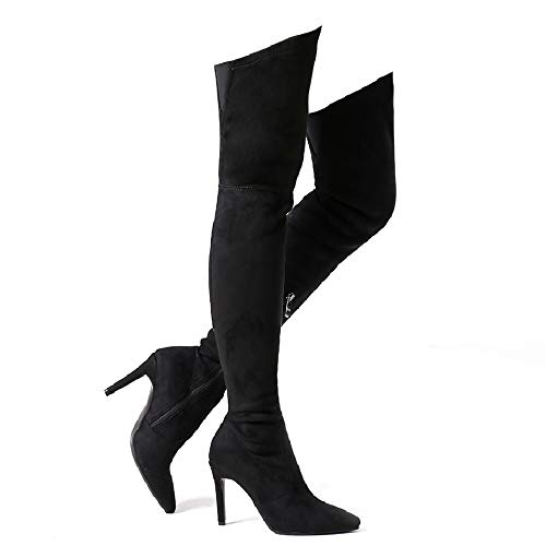 Shoe'N Tale Women Stretch Suede Chunky Heel Thigh High Over The Knee Boots(7.5,Black Stiletto Heel)