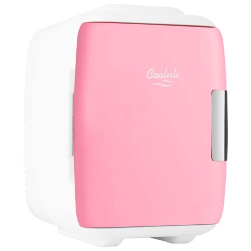 Cooluli Mini Fridge for Bedroom - Car, Office Desk & Dorm Room - Portable 4L/6 Can Electric Plug In Cooler & Warmer for Food, Drinks, Skincare Beauty & Makeup - 12v AC/DC & Exclusive USB Option, Pink