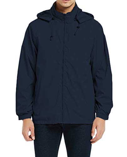 MADHERO Mens Lightweight Windbreaker Waterproof Rain Jacket with Removable Hood Navy Blue Size L