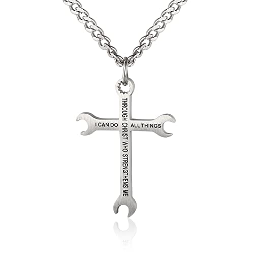 Wrench Cross Necklace for Men Stainless Steel Chain 24inch Wrench Tool Charm Pendant Personality Bible Verse Philippians 4:13 I CAN DO ALL THINGS Jewelry Inspirational Gift for Dad Son（Silver）