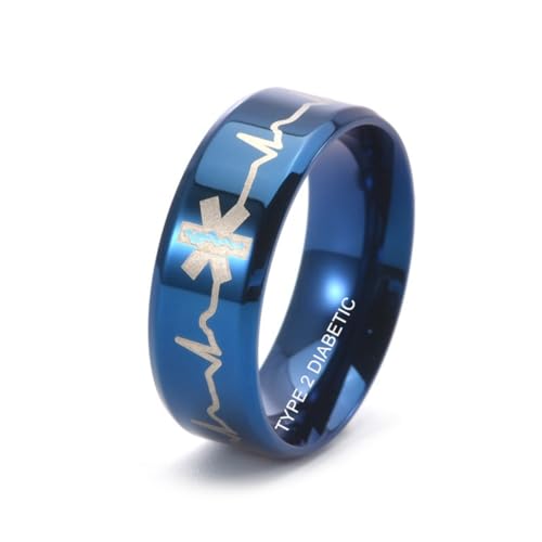 ZKXXJ TYPE 2 DIABETIC Medical ID Ring for Men Teen Boys,TYPE 2 DIABETIC Engraved Medical Alert Rings Finger Band Stainless Steel Medical Jewelry with Medic Wallet Insert Card