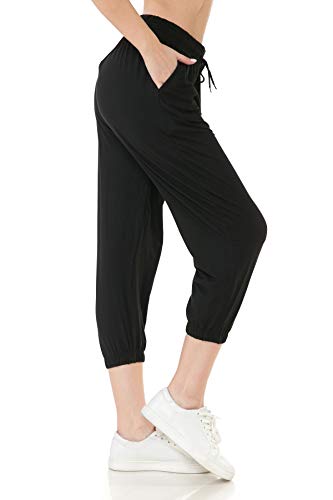 Leggings Depot Womens Relaxed fit Jogger Pants - Track Cuff Sweatpants with Pockets, Capri-black, Large