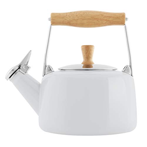 Chantal SVEN Enamel on Steel Whistling Teakettle with Natural Wood handle, 1.4 quarts (White)