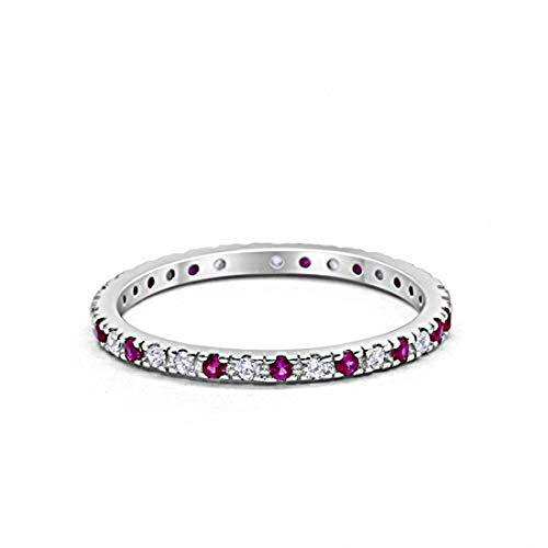 Blue Apple Co. 2mm Stackable Full Eternity Wedding Band Ring Round Alternating Simulated Ruby & Cubic Zirconia 925 Sterling Silver, Size-5