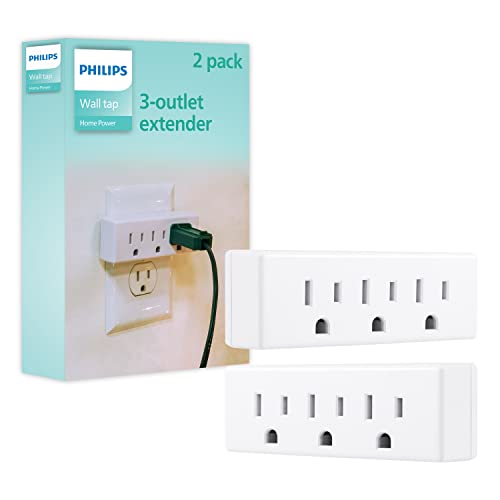 PHILIPS 3-Outlet Extender, 2 Pack, Grounded Wall Tap, 3-Prong Adapter, Multiple Plug, Power Splitter, Cruise Essentials, Use for Home Office School Dorm, UL Listed, White, SPS1630W/37