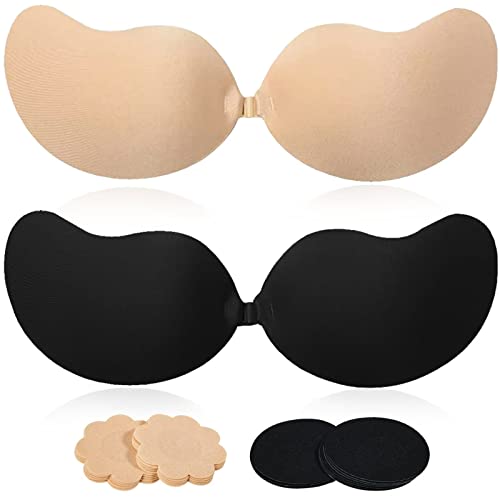 Sticky Bra Push Up for Women 2 Pair, Adhesive Invisible Lifting Bra, Backless Strapless Bras for Wedding Dress with Nipple Cover (Black+Nude/A)