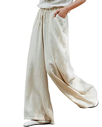 IXIMO Women's Cotton Linen Wide Leg Pants Casual Drawstring Lounge Palazzo Loose Trousers Beige L