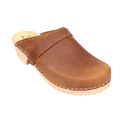 Lotta From Stockholm Swedish Classic Clogs - Brown Oiled Nubuck Leather Clogs for Women I Supportive Wooden Clog 2 Inch Heel & 3/4 Inch Platform -39