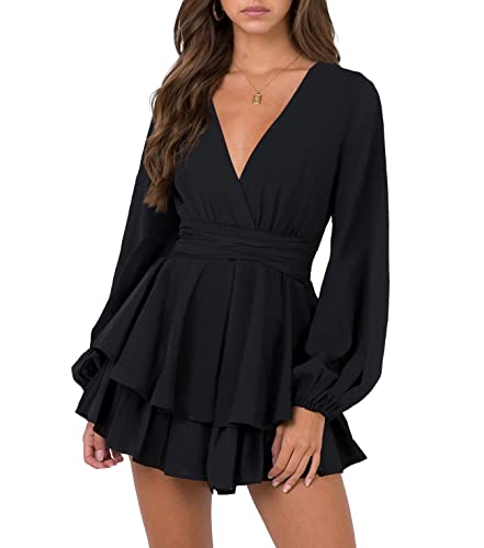 Sexy Cute Dresses for Woman V Neck Wrap Long Bishop Sleeve Sleeve Mini Dress for Girl's Date Night Party Black M