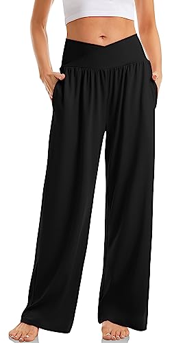 TARSE Womens Wide Leg Yoga Pants High Waist Comfy Loose Sweatpants Soft Lounge Pajama PJ Pants Pockets(Black,M)