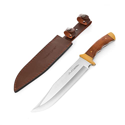 Flissa 14-inch Bowie Knife, Full-tang Fixed Blade Knife with Wood Handle, Hunting Knife with Leather Sheath for Outdoor Survival, Camping, Hiking