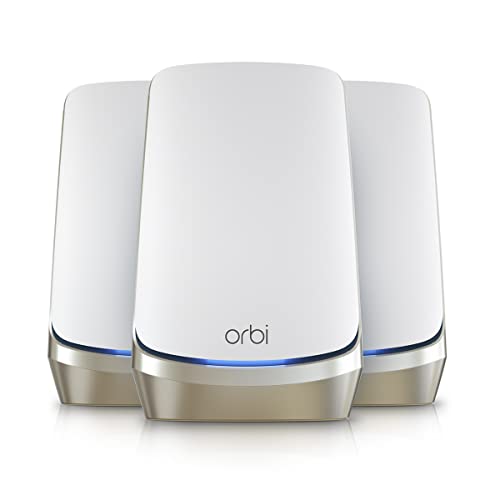 NETGEAR Orbi Quad-Band WiFi 6E Mesh System (RBKE963), Router with 2 Satellite Extenders, 10.8Gbps Speed, Coverage up to 9,000 sq. ft., 200 Devices, 10 Gig Internet Port, AXE11000 802.11ax