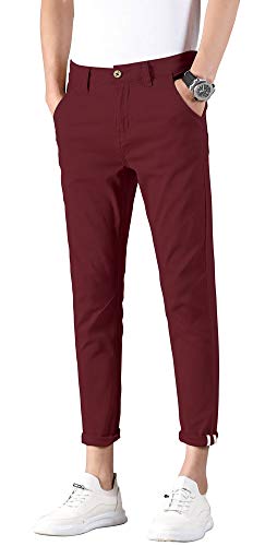 Plaid&Plain Men's Slim Fit Khaki Pants Stretch Cropped Chino Skinny Pants 130201 Burgundy 34