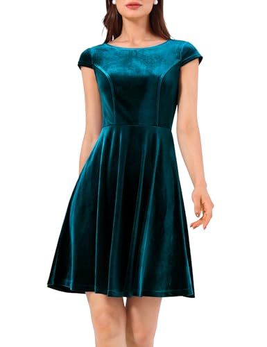 Dressystar Women's Velvet Dress Cocktail Evening Party Dress Cap Sleeve Flared A-line Christmas Party Dresses Prom Gown 1956SR Teal M