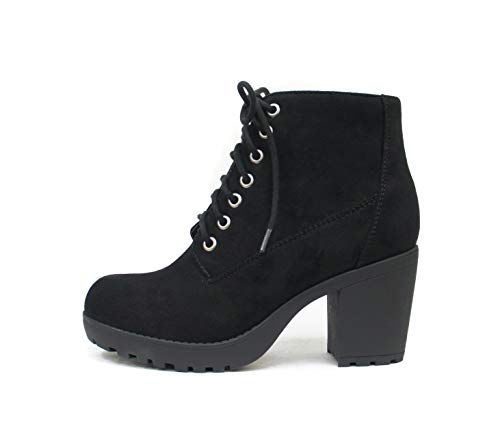 Soda Second Lug Sole Chunky Heel Combat Ankle Boot Lace up w/Side Zipper (8, Black Imitation Suede)