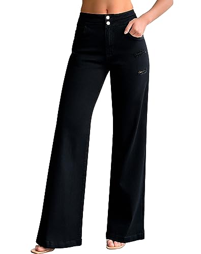 roswear Women’s Casual Distressed High Waisted Denim Pants Stretch Baggy Loose Wide Leg Jeans Black X-Large