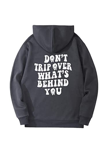 SOLY HUX Men's Letter Graphic Hoodies Long Sleeve Drawstring Pocket Casual Pullover Sweatshirt Dark Grey XL