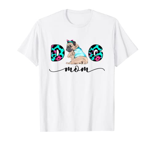 Funny Face Pug Pet Tattoo I Love You Dog Mom Leopard Bow T-Shirt