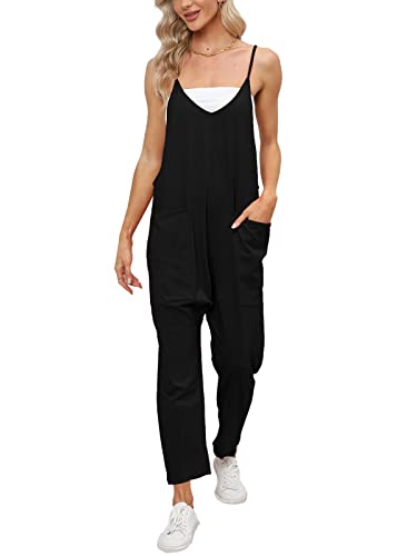 DEEP SELF Jumpsuits for Women, Wide Leg Summer Casual Spaghetti Strap Deep V Neck Overalls with Pockets (Medium, Black)